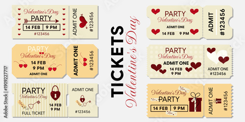 A set of romantic Valentine's Day tickets. Vector templates for a February 14th party. Perfect for events, promotions and design.