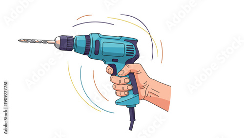 Hand gripping a blue electric power drill with a bit attached in a colorful cartoon style illustration for diy projects.