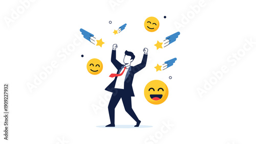 Joyful businessman celebrating career success surrounded by happy emoji faces and bright shooting stars on a white background.