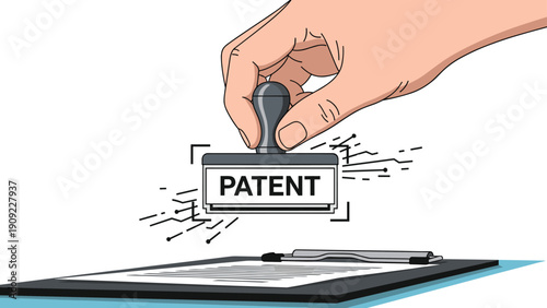 Human hand stamping a document with a large patent stamp to protect intellectual property rights and innovative ideas.
