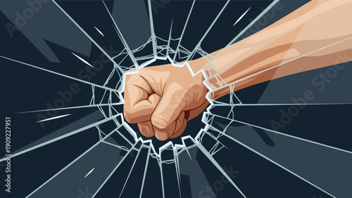 Powerful human fist punching and shattering a glass window symbolizing inner strength breaking through barriers and limits.