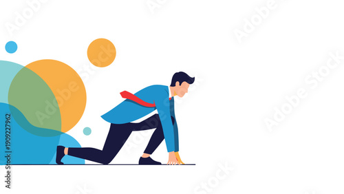 Ambitious businessman in starting block position ready to sprint for a race against a bright colorful circular background.