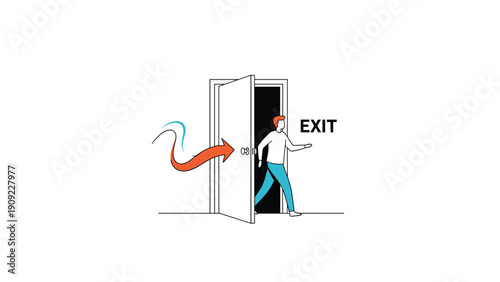 Person running towards an open door with a red arrow and exit sign representing leaving or escaping a difficult situation.
