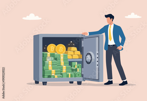 Alternative financial assets, crypto currency bitcoin, cash and gold for investment retirement plan concept, businessman investor standing with security safe full of cash, gold and bitcoin inside