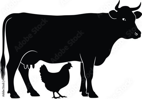 Farm animal silhouettes of cow and chicken isolated on white background representing agriculture livestock farming rural food production concept illustration