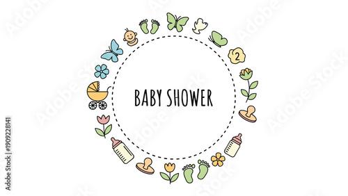 Decorative baby shower wreath with icons of a baby, stroller, bottle, butterflies, and flowers in soft pastel colors.