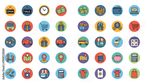 Large grid of colorful circular icons representing various business, shopping, delivery, and professional services.