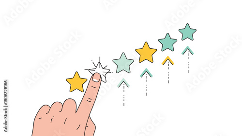 Human finger pointing at the second star in a diagonal line of five stars indicating a low rating or evaluation score.