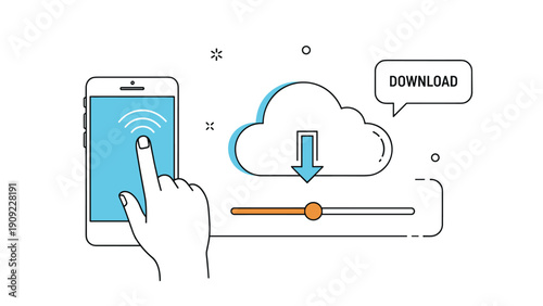 Hand touching a smartphone screen to download files from the cloud with a progress bar and speech bubble download icon.
