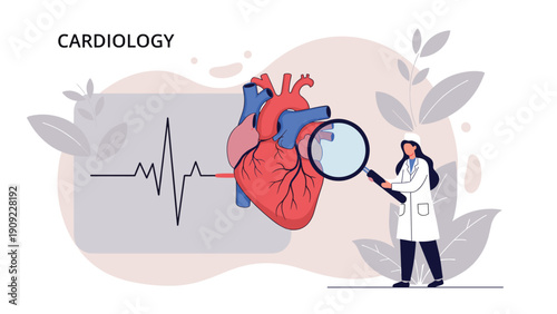 Female cardiologist using a magnifying glass to examine a large human heart with cardiogram rhythm in the background.