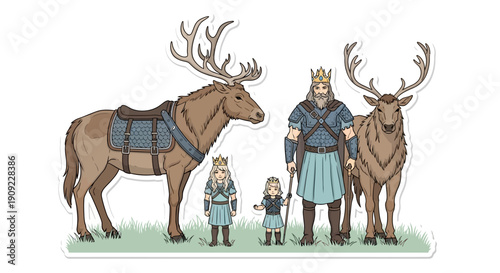 Majestic Stags and Royal Family Standing Tall in a Grassy Field