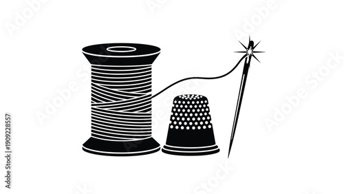 Black and white silhouette icons of a thread spool thimble and needle for sewing tailoring and traditional craft hobbies.