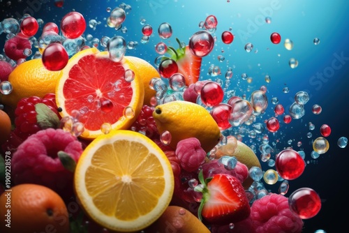 Fresh citrus, strawberries, and raspberries creating a vibrant splash of refreshing liquid