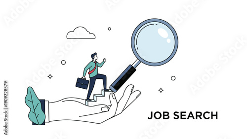 Person climbing stairs on a hand towards a giant magnifying glass for job search and professional career opportunity concepts.