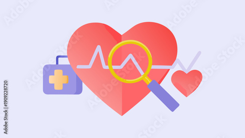Flat style illustration of a magnifying glass hovering over a heart with a heartbeat line and first aid kit with medical and healthcare and diagnosis