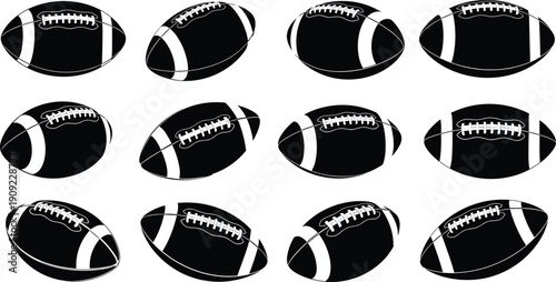 American, Football, Ball, Silhouettes, Sport, Game, Equipment, Collection, Black, Isolated, Illustration, Rugby, Leather, Team, Championship, Training, Set, Design, Icon, Athletic