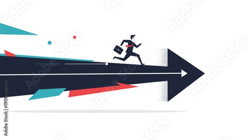 Ambitious businessman running forward on a giant arrow for speed growth and achieving corporate success goals and targets.