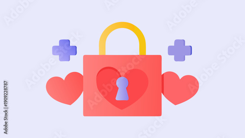 Flat vector illustration of a lock with heart embedded in the center surrounded by medical crosses and hearts with medical illustration and healthcare symbol
