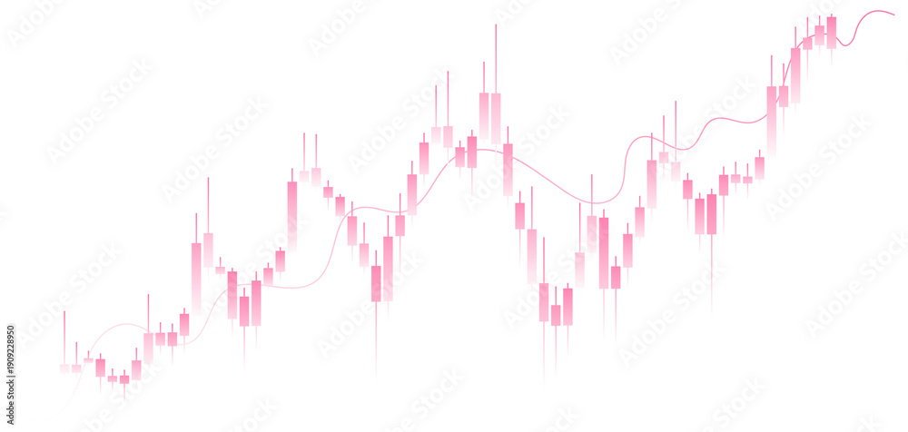 Naklejka premium Bullish candlestick chart with rising trend and light pink white gradient candles with moving average indicator line isolated on transparent background