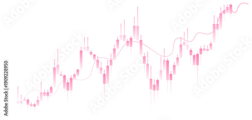 Bullish candlestick chart with rising trend and light pink white gradient candles with moving average indicator line isolated on transparent background
