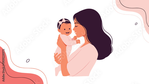 Loving mother holding her newborn baby in a gentle embrace with soft pink abstract backgrounds for motherhood and family concepts.