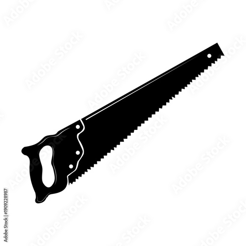 Hand held wood saw. A carpenter's tool with a comfortable handle, a long metal blade, and sharp teeth. For cutting wood and trimming workpieces. Precise cuts.