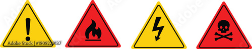 Four warning symbols with transparent background for safety alerts
