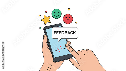 Hand using a smartphone to provide feedback with various emoticons representing customer satisfaction and service review.