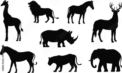 Black silhouette vector set of wild safari animals including lion elephant giraffe rhino zebra horse and deer isolated on a white background for design