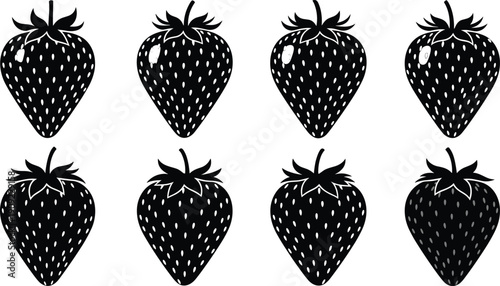 Black strawberry silhouette set with white seeds, vector illustration isolated on white background, healthy summer fruit icons collection for fresh food logo branding and design