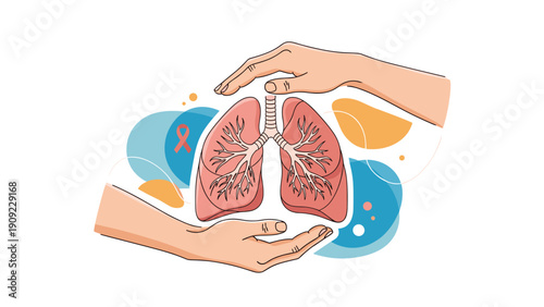Two human hands gently cupping and protecting a pair of healthy lungs illustrated with abstract shapes and a cancer ribbon.