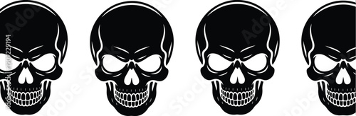 Black silhouette vector set of human skulls with angry expressions and half face designs isolated on white background for gothic and halloween graphic design