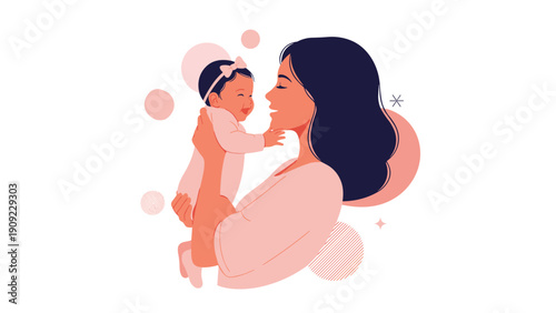 Beautiful illustration of a mother holding her smiling baby with soft pink and beige abstract circles in the background.