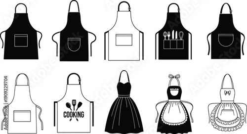 Apron silhouettes collection, kitchen cooking uniform set, chef baker barista apron designs, restaurant service clothing vector illustration isolated