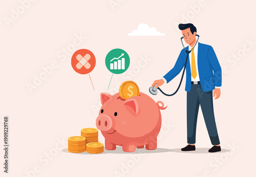  Financial checkup analyze growing wealth, debt or expense, diagnose money problem, wealth planning or investment advisor concept, smart businessman with doctor stethoscope check piggy bank saving.