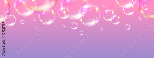 Realistic flying soap bubbles. Glossy volume rounded aqua droplet. 3D glass liquid shape with holographic effect. 3D vector illustration.