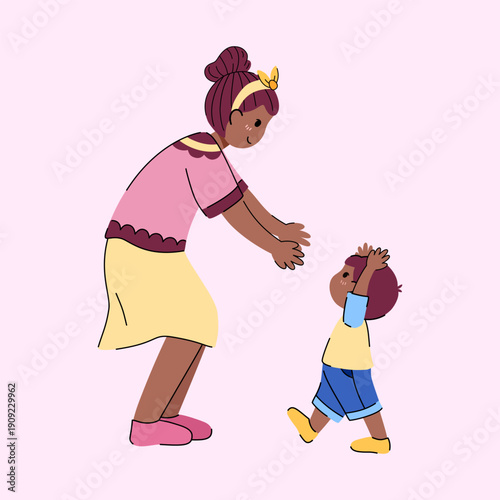 Vector of mother encouraging her little child who is learning to walk illustration for Mother’s Day themes, parenting content, family designs, greeting cards, posters or social media visual.