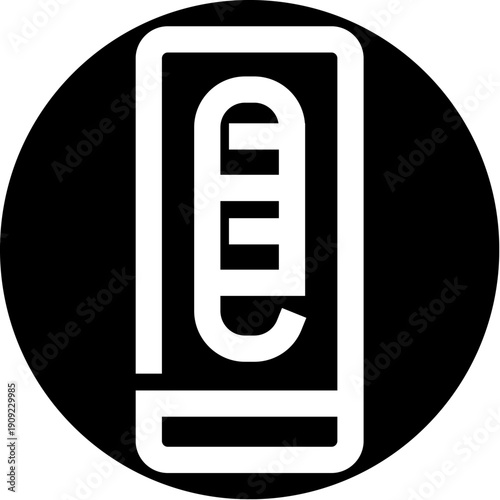 White outline of a rectangular object with four internal segments representing charge levels, enclosed within a bold black circle as a minimalist icon or logo design element