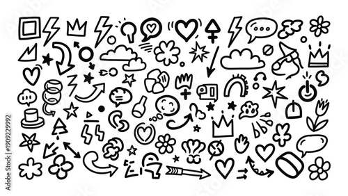 A diverse collection of intricate and unique symbols and icons isolated on white background, Vector