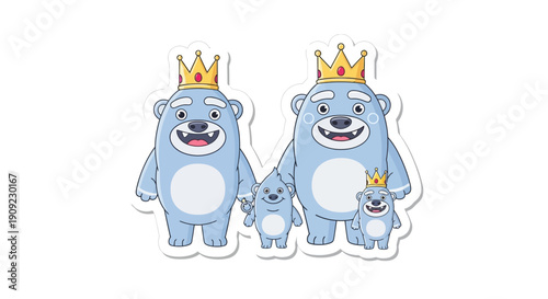 Cute Blue Bear Family with Crowns Wearing Royal Accessories Illustrated Sticker Art
