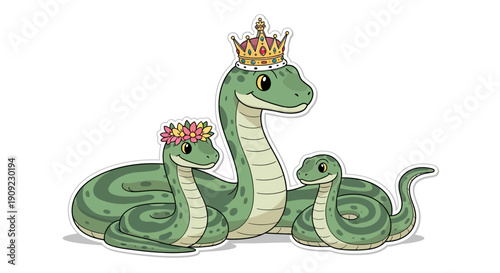 Adorable Cartoon Snake Family with Crown and Flower Wreath