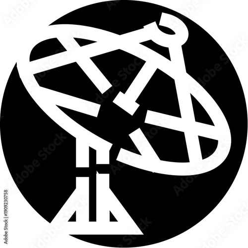 Satellite dish vector icon symbolizing modern telecommunication and global connectivity, broadcasting signals and data transmission for internet, media and networking on black background
