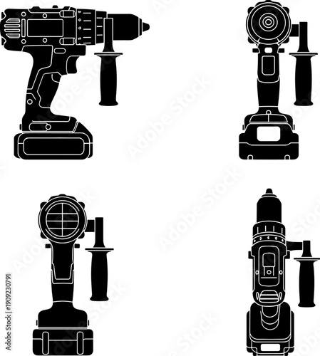 4 view Professional Cordless Power Drill Vector Silhouette Set: Four Views of Battery-Powered Hand Tool for Construction, DIY Projects, and Repair Work Iconography