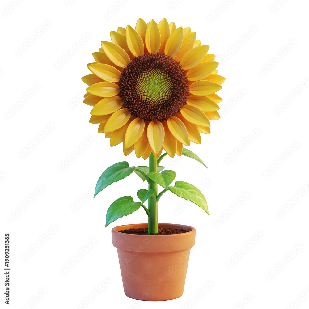 Fototapeta premium A vibrant sunflower in a small pot with green leaves isolated on transparent background