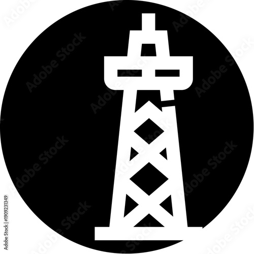 Oil rig derrick icon representing drilling infrastructure for petroleum and gas exploration, symbolizing the energy industry, resource extraction, and fossil fuel production within a black circle