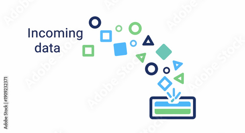 Data being processed and stored into a digital database system with various shapes and icons