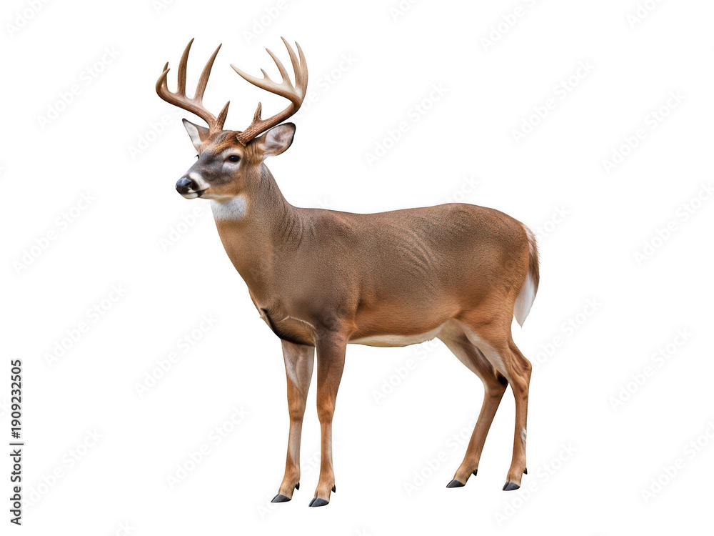 Obraz premium A majestic buck with large antlers stands proudly on a white background.
