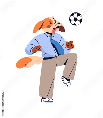 Anthropomorphic dog plays football. Cute animal student goes soccer. Happy puppy with sticking tongue and in school uniform has fun with ball. Flat isolated vector illustration on white background