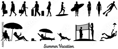 "Collection of black bird silhouettes in various poses including standing and flapping wings isolated on white background for creative nature and wildlife design projects" (25 words)