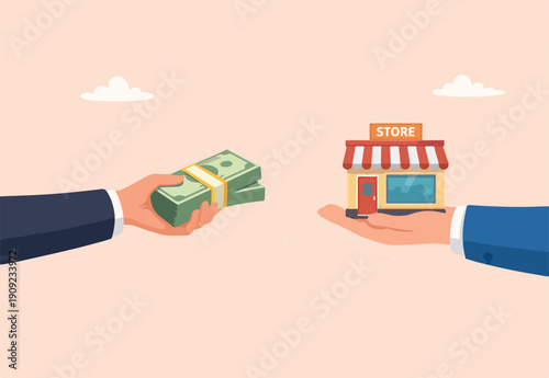  Company buyout, acquisition agreement or takeover, selling company offer or merger, franchise business concept, businessman offer money to buy other hand offer company or shop building.